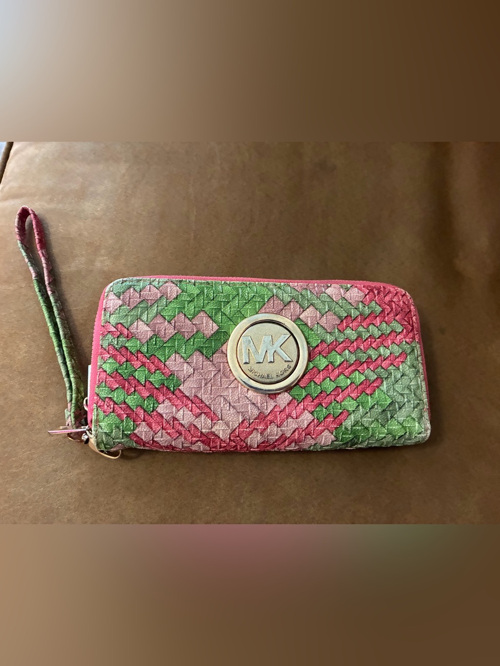 Michael Kors Pink Green Weave Wallet/Wristlet